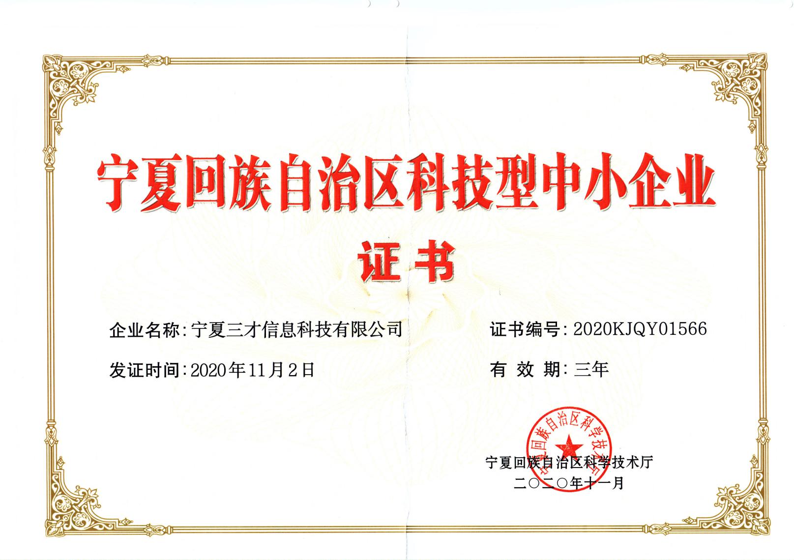 寧夏回族自治區(qū)科技型中小企業(yè)證書